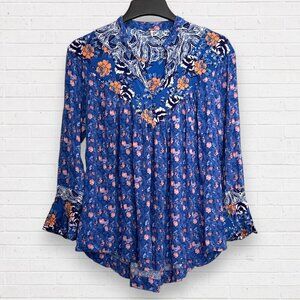 FREE PEOPLE Blue Wildflower Fields Floral Shirt Blouse Tunic Top Boho Womens XS